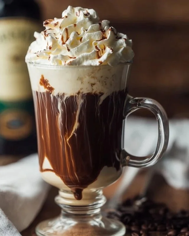 Delicious Baileys Irish Coffee served in a glass with whipped cream on top.