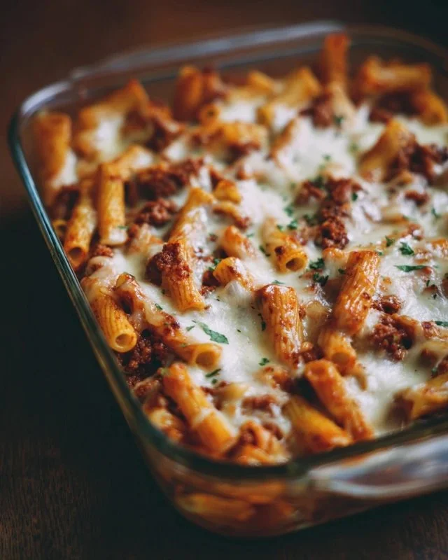 Baked Ziti with cheese and marinara sauce served in a dish