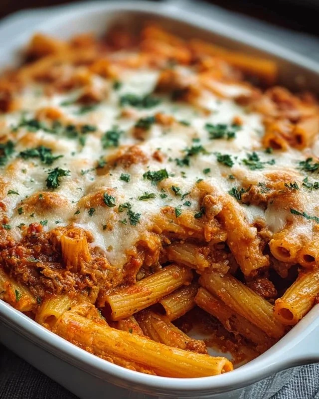 Delicious baked ziti topped with melted cheese and marinara sauce