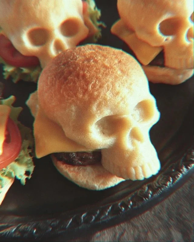 Cheeseburger Skulls: Festive Halloween cheeseburgers shaped like skulls.