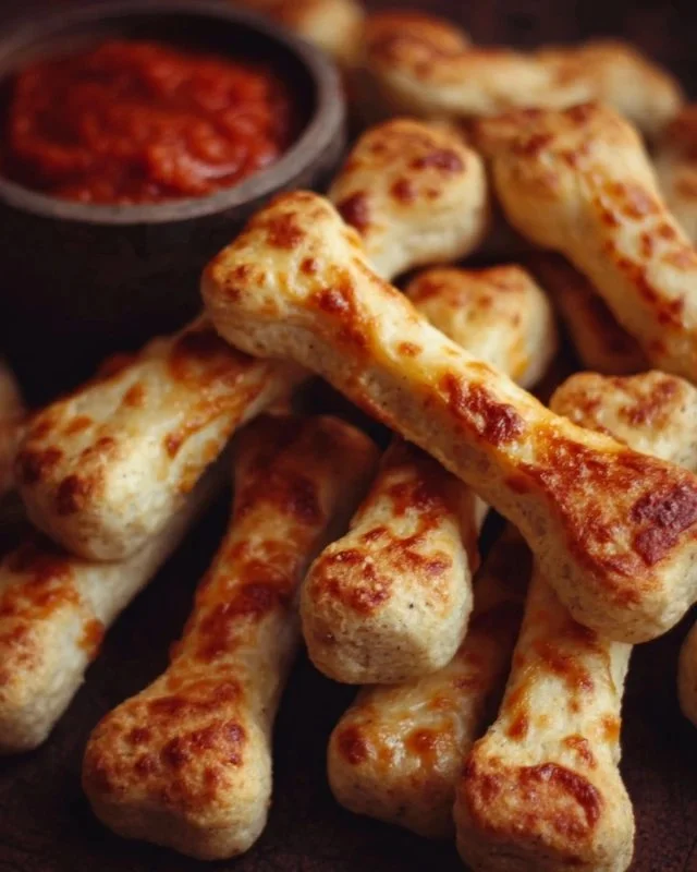 Cheesy Halloween breadstick bones served on a spooky platter