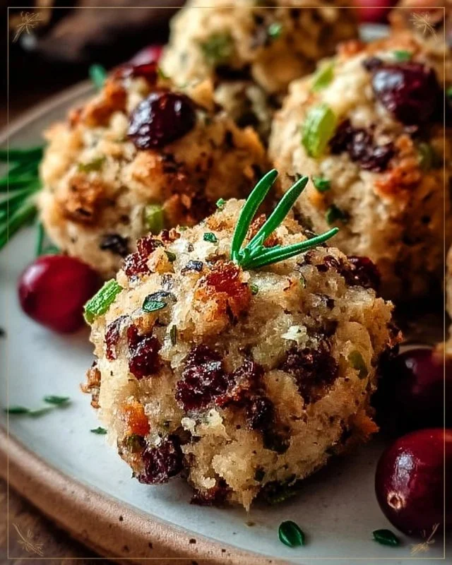Cranberry Turkey Stuffing Balls served on a festive plate