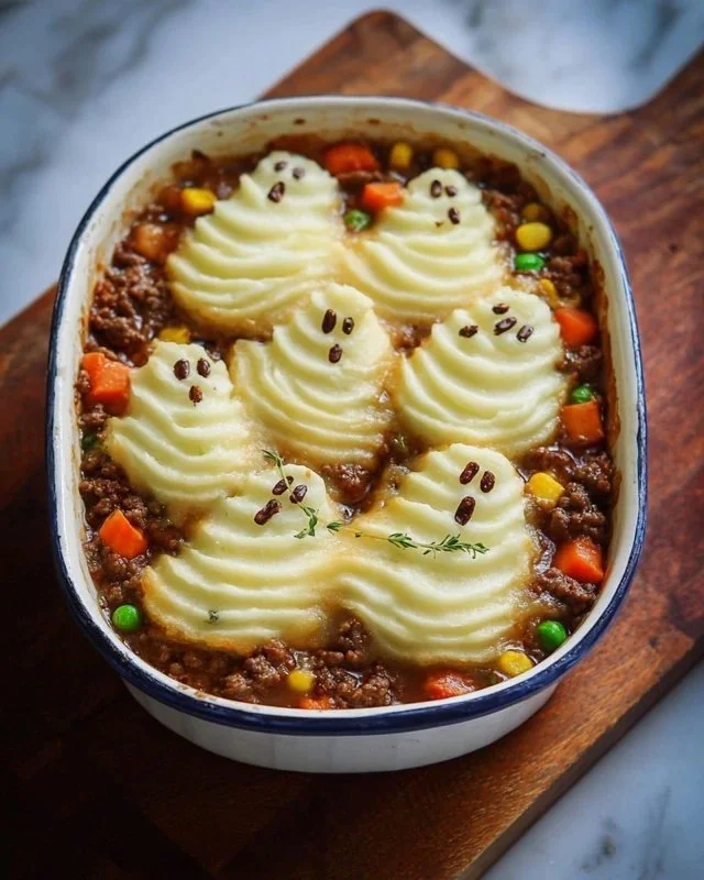 Creepy Shepherd's Pie served in a Halloween-themed dish.