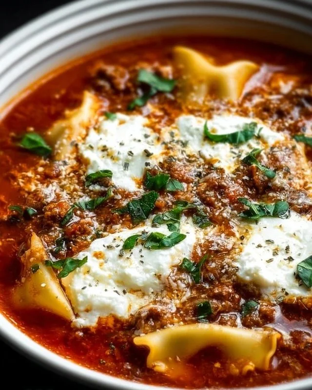 Bowl of Crockpot Lasagna Soup with cheese and herbs