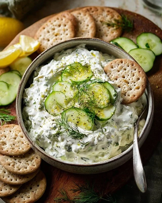 Delicious Dill Pickle Dip served with crackers and veggies