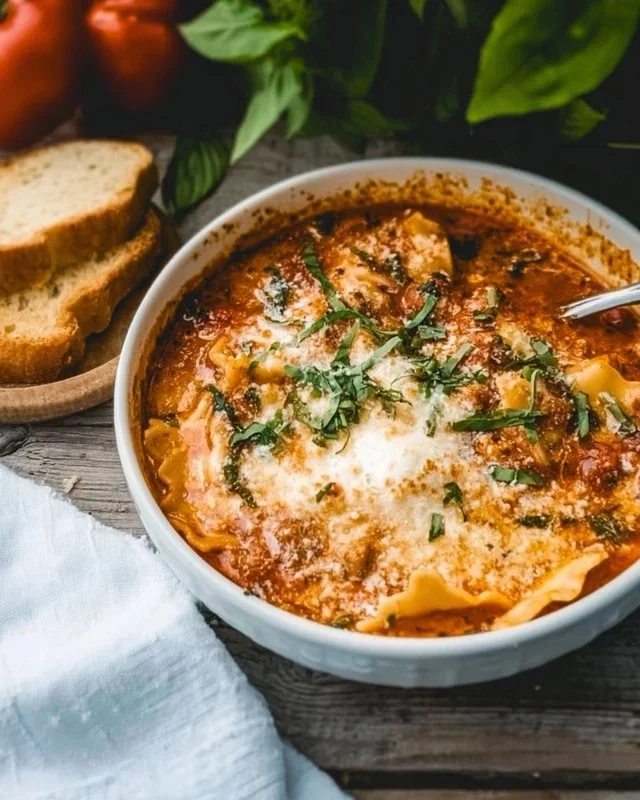 Bowl of easy creamy lasagna soup with cheese and basil garnish