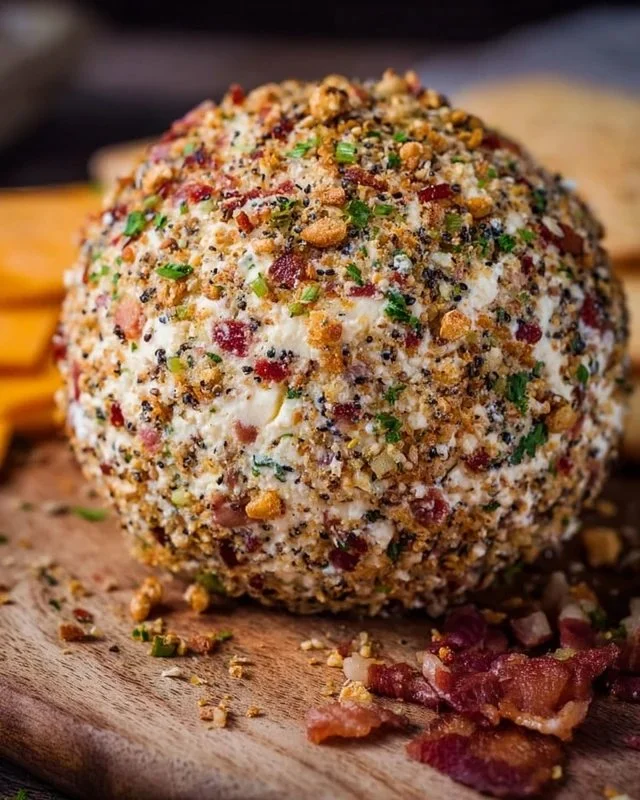 Delicious homemade cheese ball served with crackers and fresh herbs.