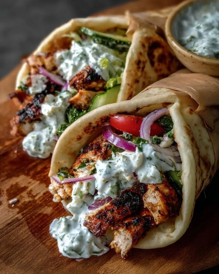 Delicious Mediterranean Chicken Gyros topped with creamy feta tzatziki sauce.