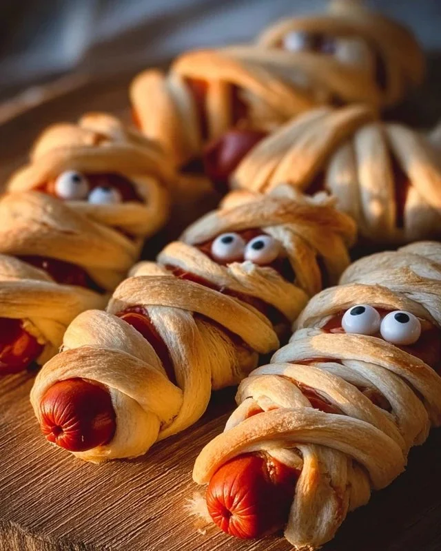 Spooky Mummy Hot Dogs wrapped in dough and baked for Halloween treats.