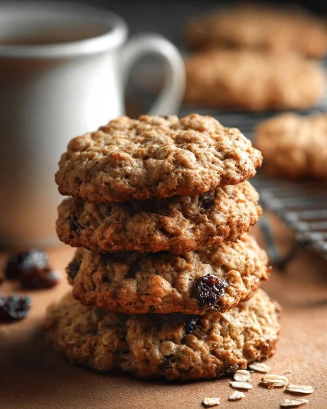Freshly baked oatmeal raisin cookies on a cooling rack