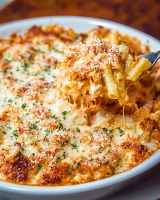 Delicious Five Cheese Baked Ziti served in a creamy cheese sauce with pasta.