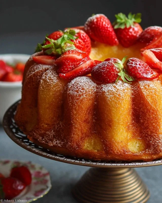Pineapple Bundt Cake topped with fresh strawberries on a decorative plate