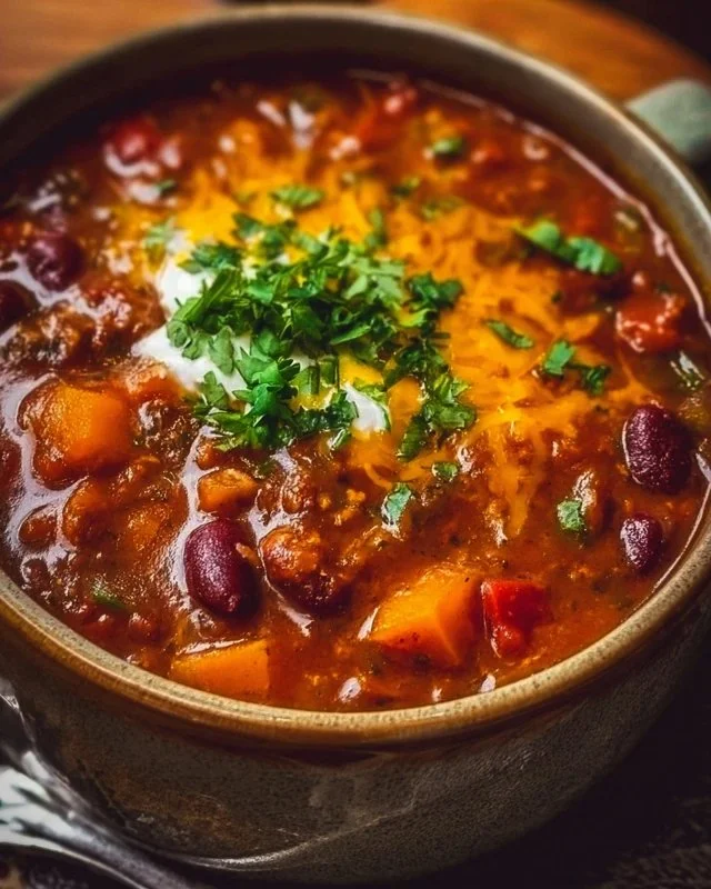 Bowl of hearty pumpkin chili garnished with fresh herbs