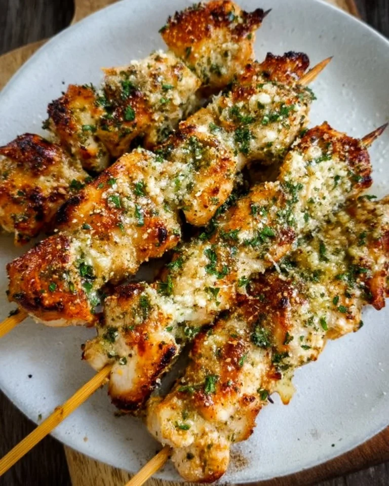 Ranch Garlic Parmesan Chicken Skewers ready to grill and serve
