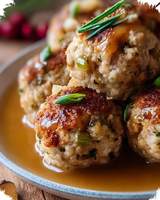 Savory stuffing balls freshly baked and garnished, ideal for holiday meals.