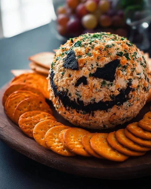 Halloween-themed Skellington cheese ball appetizer on a platter