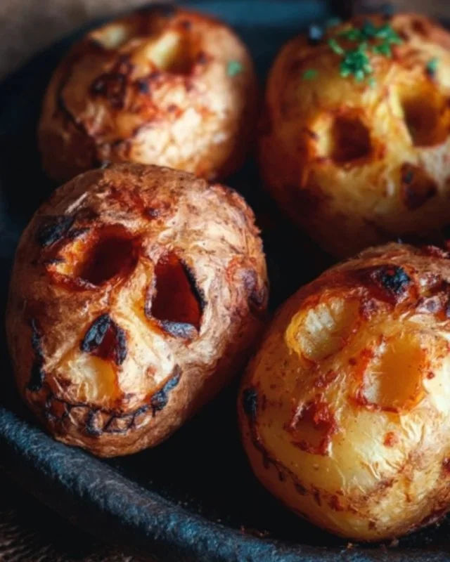 Spooky Halloween Skull Potatoes served on a festive table