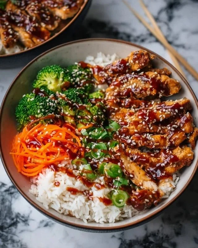 Delicious Sticky Chicken Bowls with vibrant vegetables and sauce