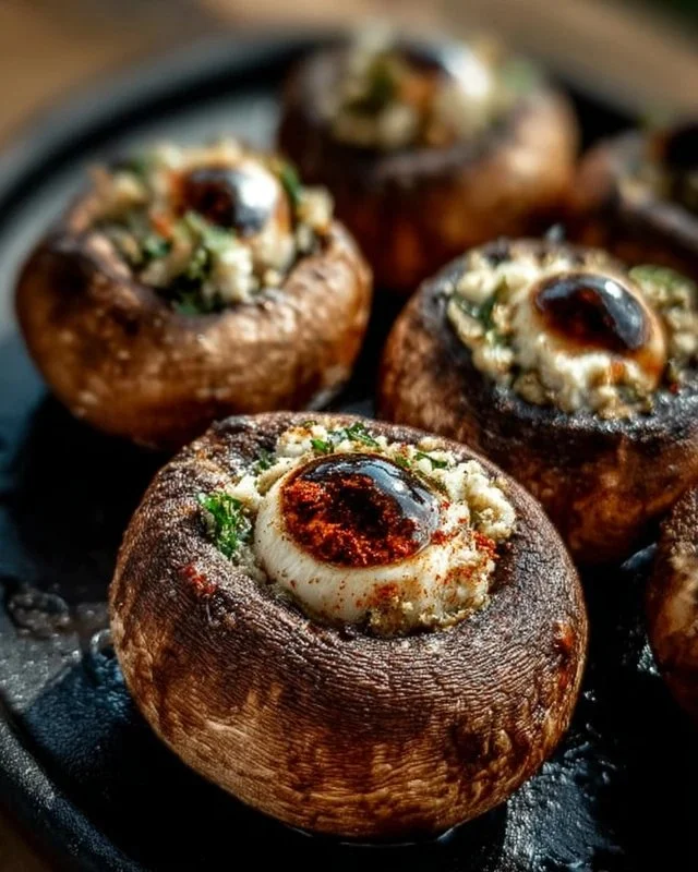 A platter of stuffed mushroom eyeballs decorated for Halloween.