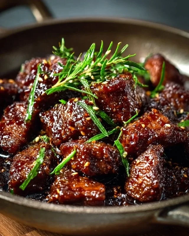 Sweet and sticky steak bites served on a platter, garnished with herbs.