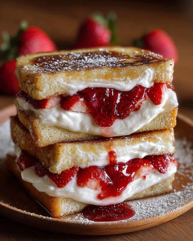 Fried strawberry cheesecake sandwiches served on a plate with fresh strawberries