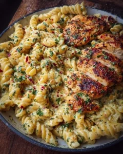 Bowl of creamy garlic parmesan chicken pasta topped with herbs
