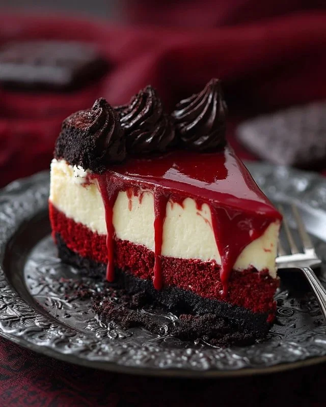 Vampire Bite Red Velvet Cheesecake with creamy frosting and chocolate drips
