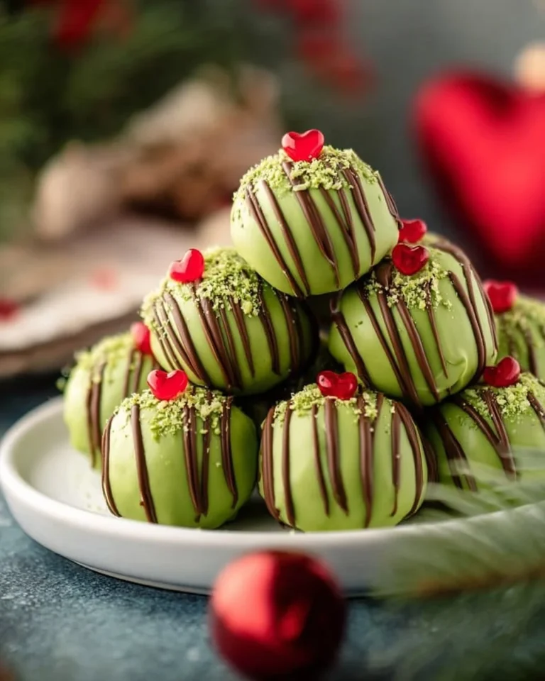 Delicious Grinch Christmas Truffles decorated for the holiday season.