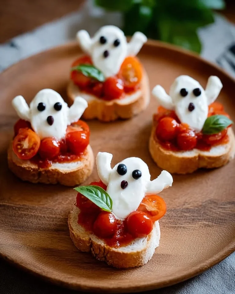 Boo-schetta ghostly Caprese bites decorated for Halloween