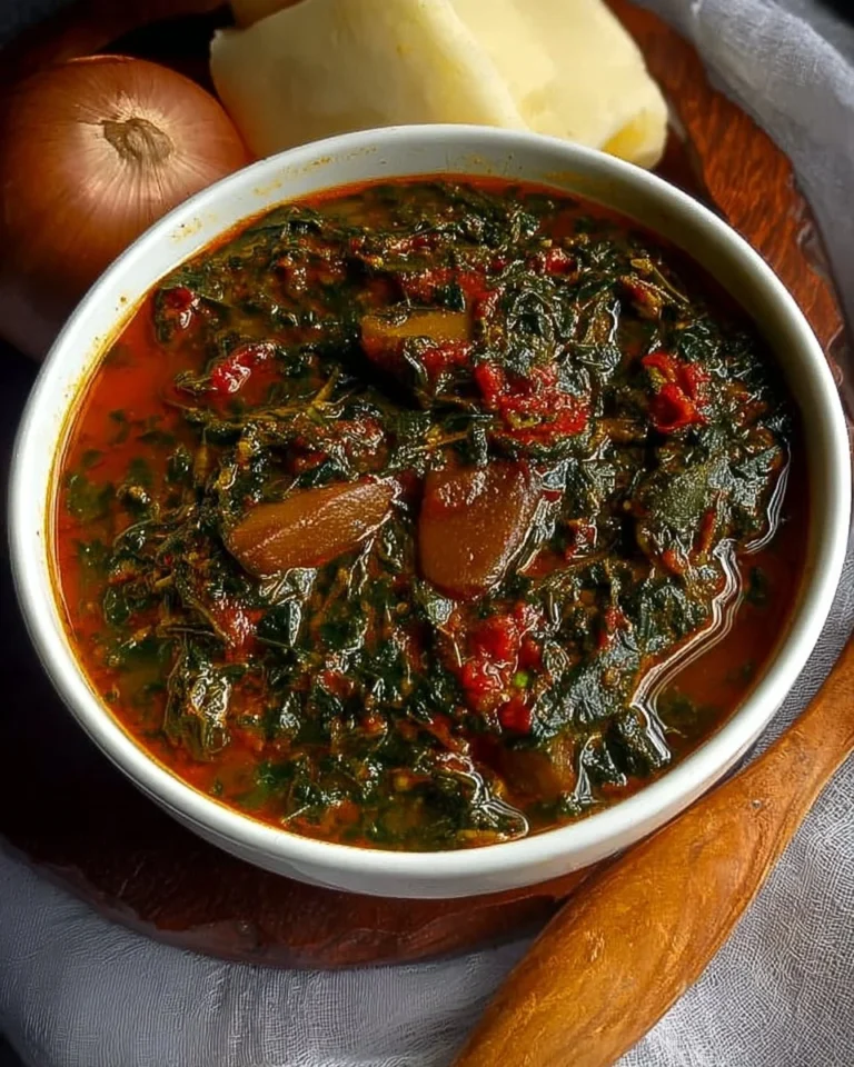 Bowl of Afang Soup with vibrant greens and proteins, showcasing its rich ingredients.