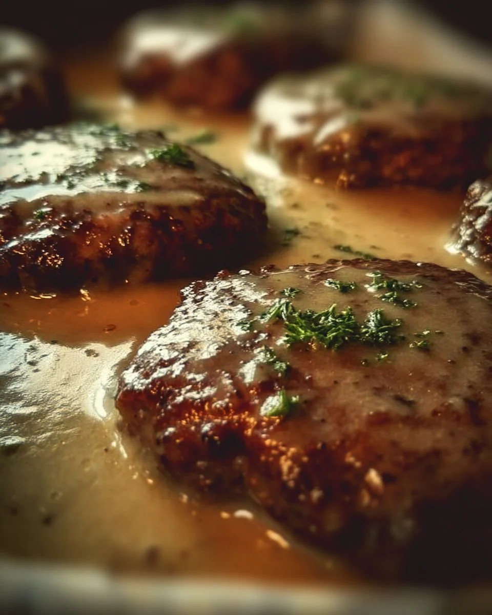 Amish Hamburger Steak Bake served on a plate with vegetables