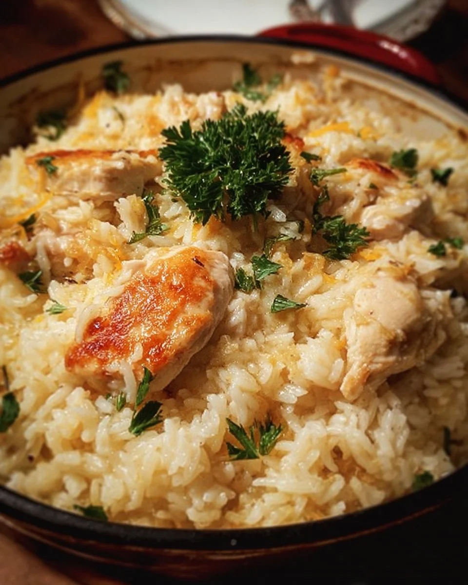 Delicious Angel Chicken Rice Casserole in a baking dish ready to serve