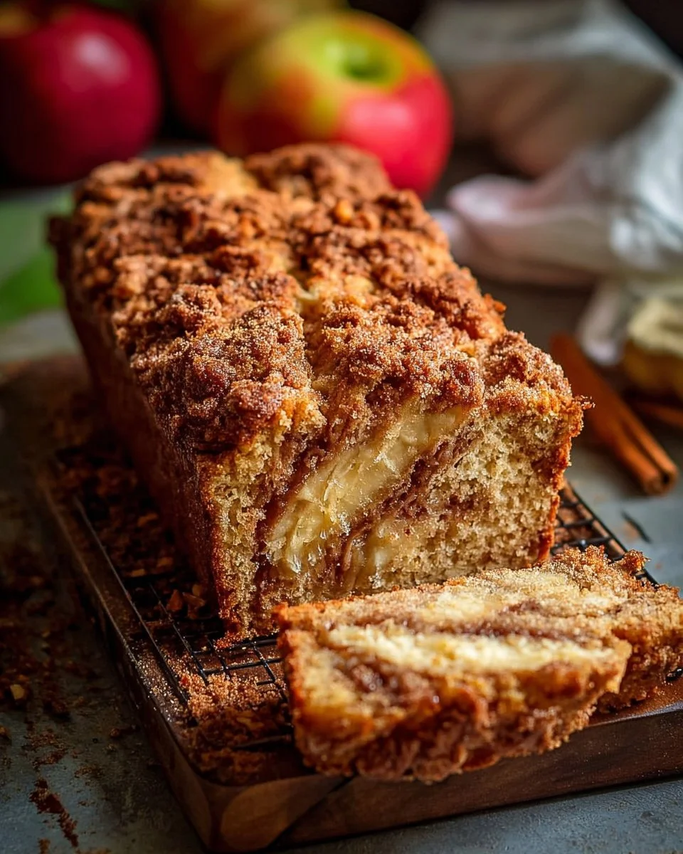 Loaf of freshly baked apple bread topped with cinnamon