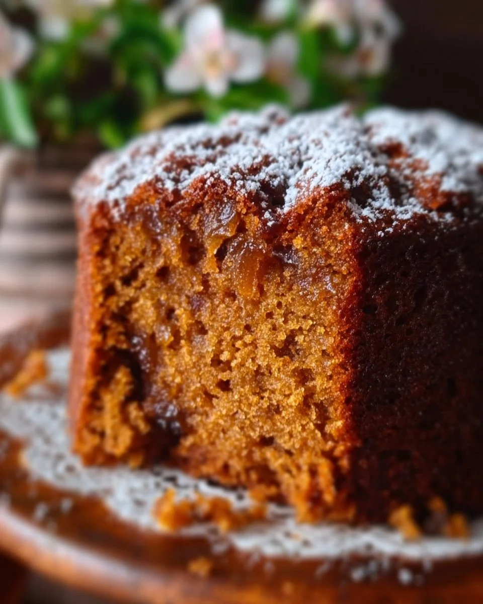 Slice of homemade Applesauce Spice Cake with spices and nuts on a decorative plate.