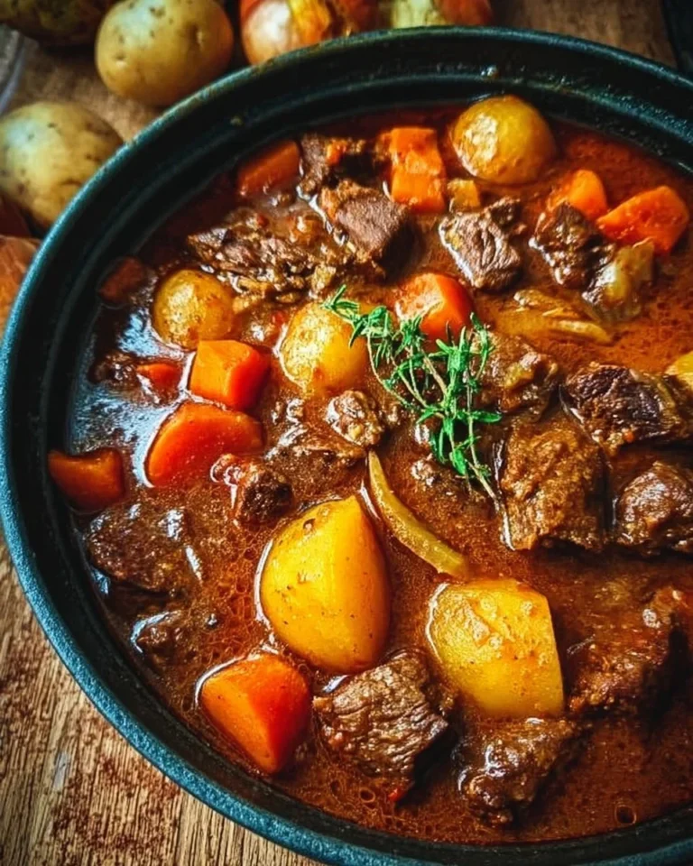 A bowl of Autumn Harvest Beef Stew filled with vegetables and tender beef for fall.