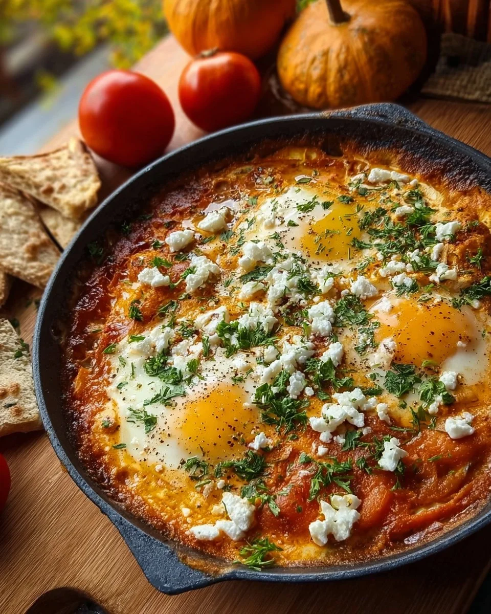 Delicious Autumnal Pumpkin Shakshuka served in a rustic bowl