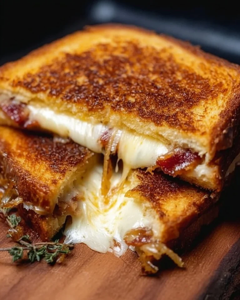 Bacon and caramelized onion grilled cheese sandwich on a plate.