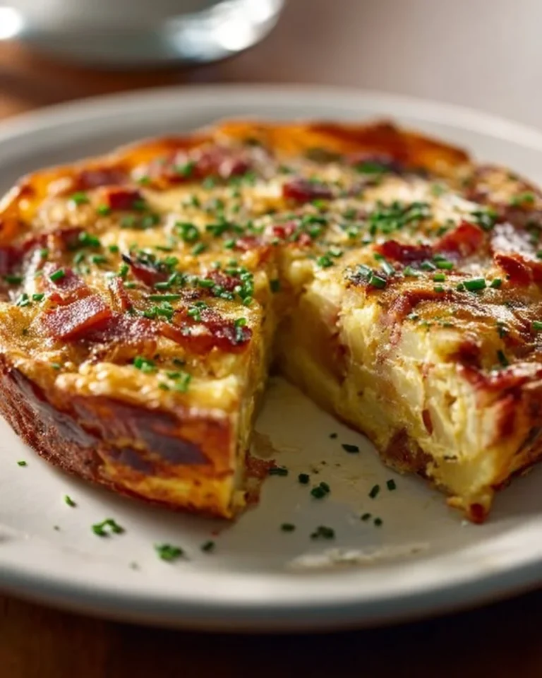 Delicious Bacon Potato Frittata served on a plate with fresh herbs.