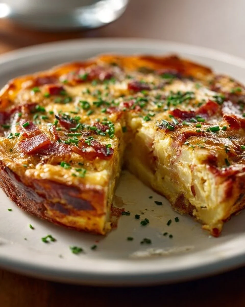 Delicious Bacon Potato Frittata served on a plate with fresh herbs.