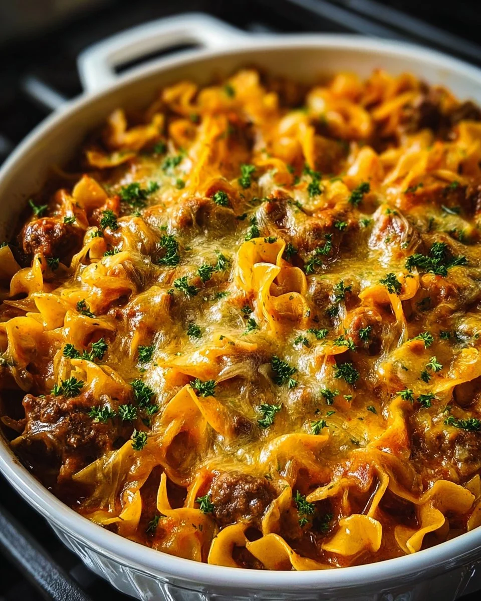 Delicious beef noodle casserole with beef, noodles, and savory sauce baked to perfection.