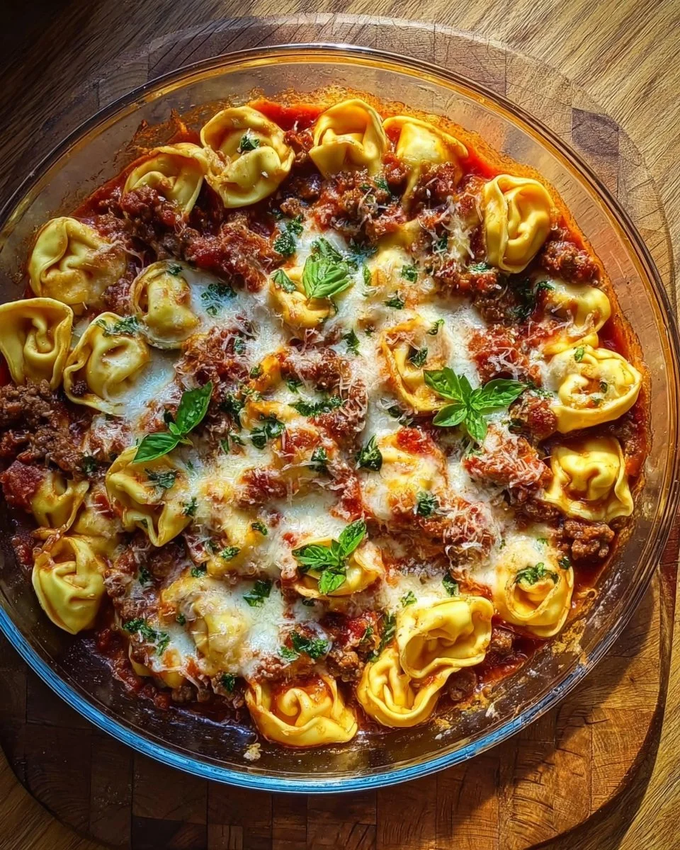 Delicious Beefy Tortellini Bake served in a casserole dish
