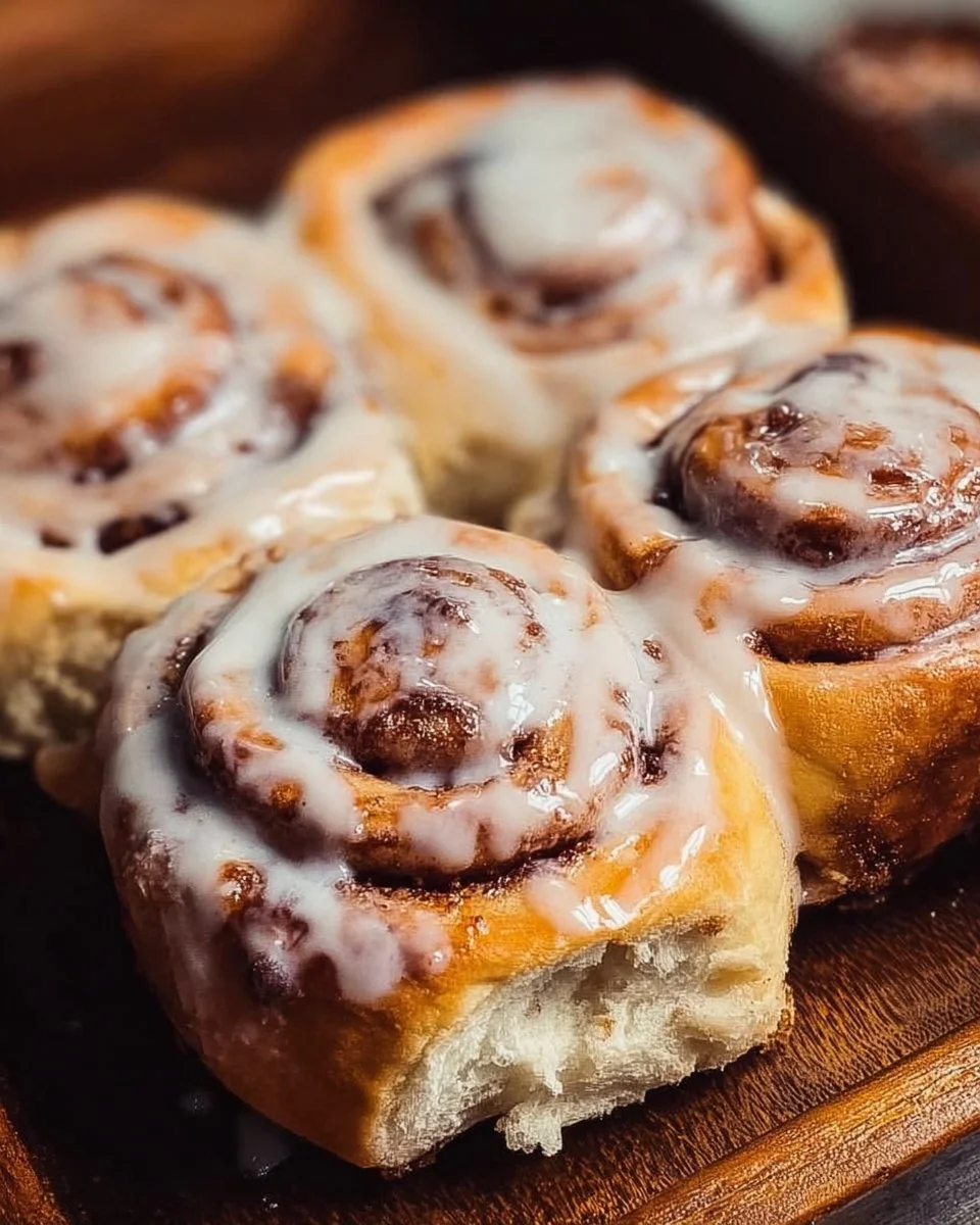 Delicious freshly baked cinnamon rolls topped with icing