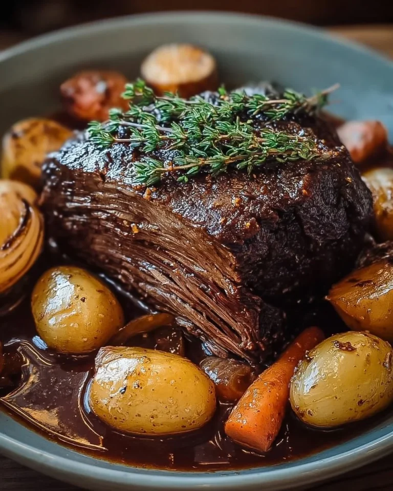 Delicious pot roast cooked in a crock pot with vegetables and herbs