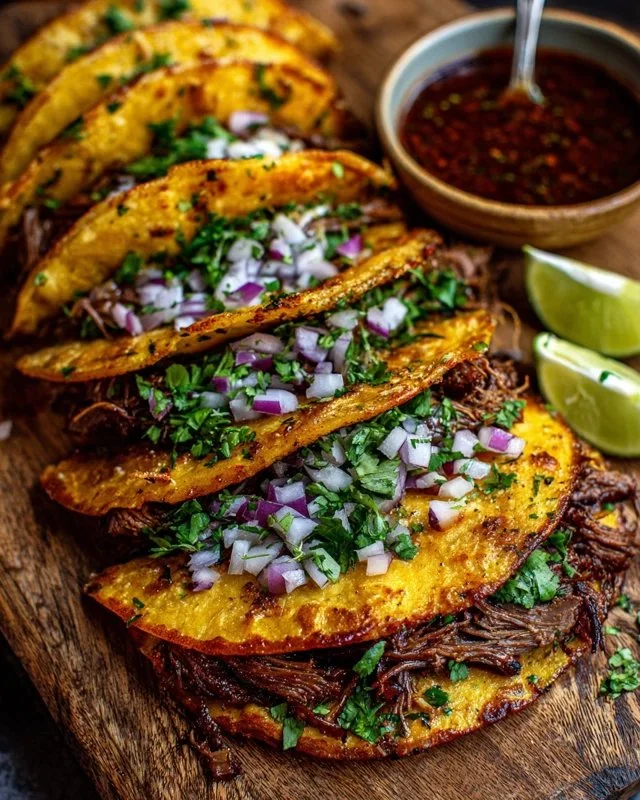 Delicious Birria Tacos served with flavorful consomé and garnished with cilantro and onions.