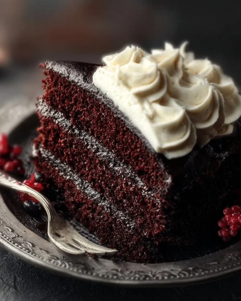 Delicious Black Velvet Cake with velvety frosting and dark chocolate layers.
