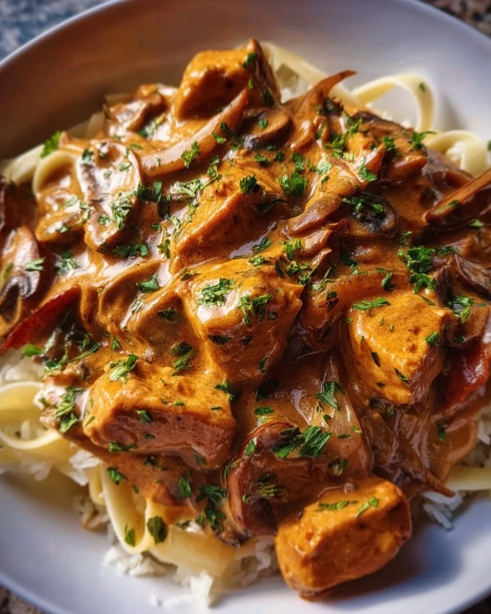 Bowl of Brazilian Chicken Stroganoff with tender chicken and creamy sauce