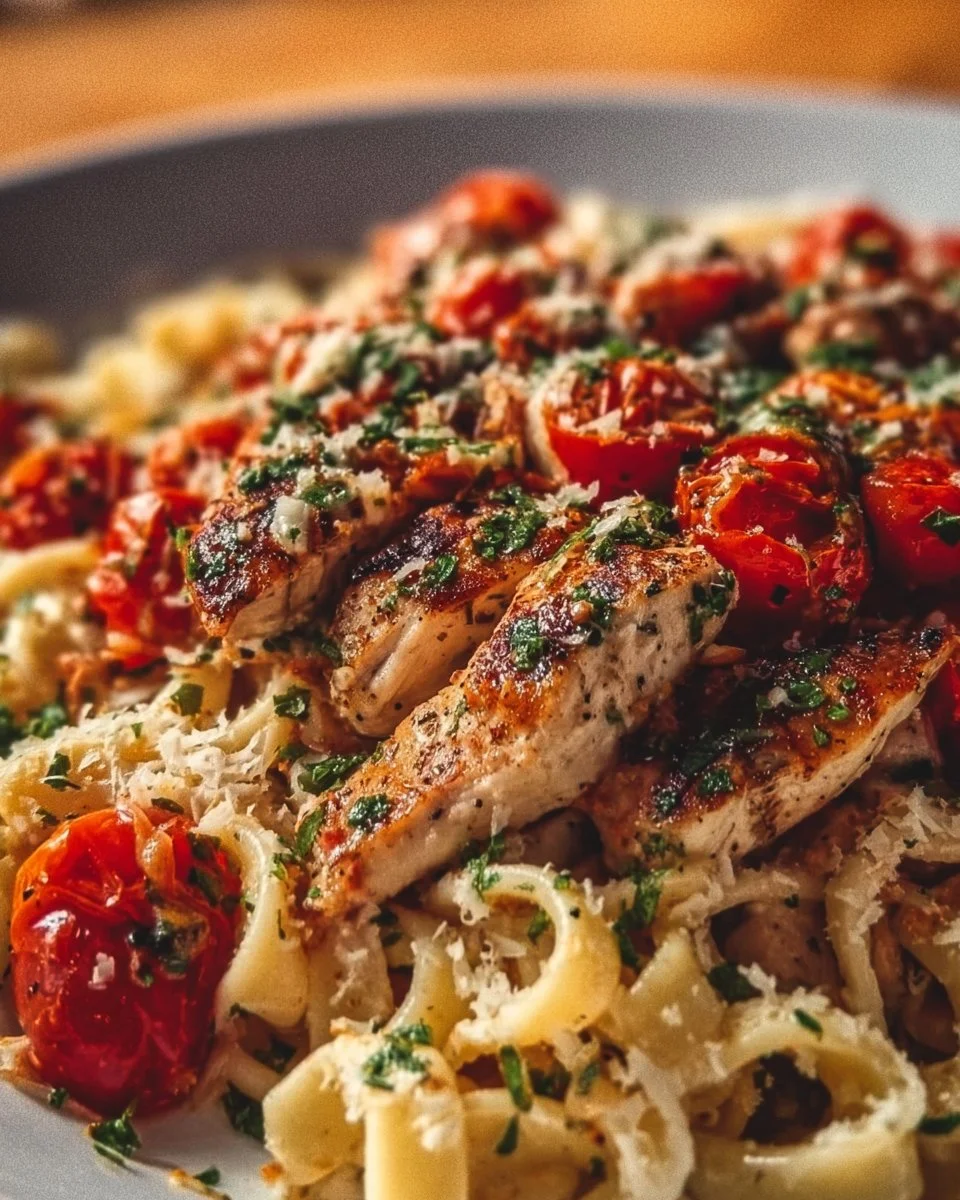 Delicious Bruschetta Chicken Pasta topped with fresh tomatoes and basil