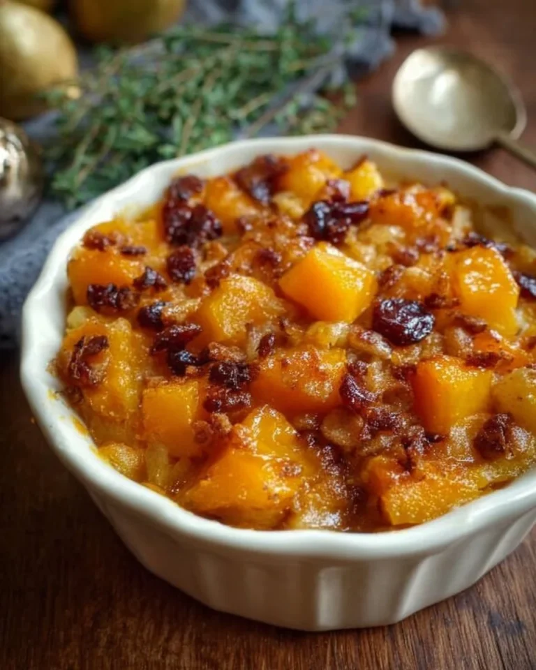Delicious butternut squash apple bake served warm, garnished with cinnamon.