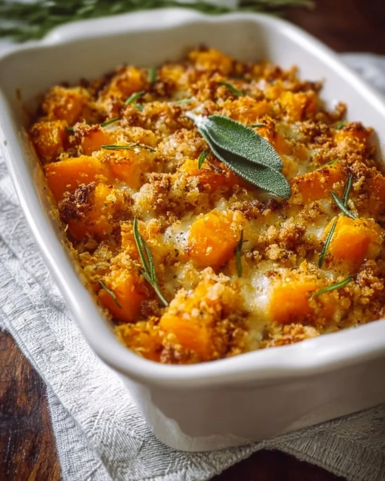 Delicious butternut squash casserole topped with herbs and breadcrumbs