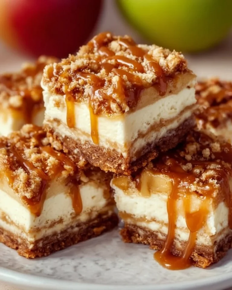 Delicious Caramel Apple Cheesecake Bars with drizzled caramel and apple topping.